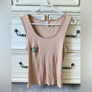 Vintage 90’s Kavio Cotton Sleeveless Scoop Neck Ribbed Tank Top - Beige (L)